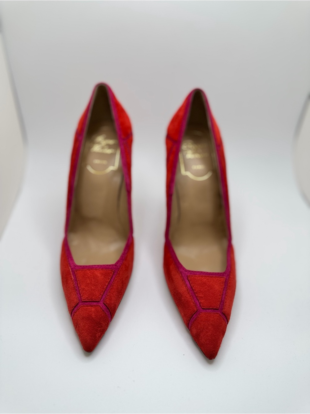Roger Vivier Pointed-Toe Suede Pumps Red Orange & Fuchsia Size 34.5